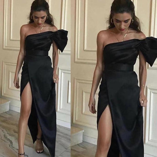 black prom dresses 2020 one shoulder short sleeve ruffle side slit sexy evening dresses cheap formal dress   cg13689