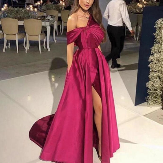 red prom dresses 2020 one shoulder pleats front slit red evening dresses court train formal dresses   cg13690