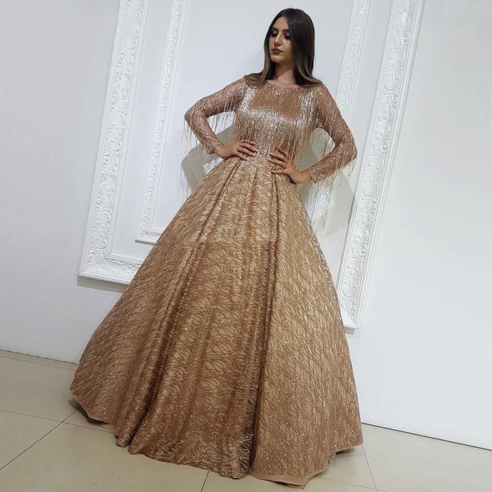 Glitter Prom Dresses Tassel Beaded 2020 Long Sleeves Dubai Evening Gown   cg13692