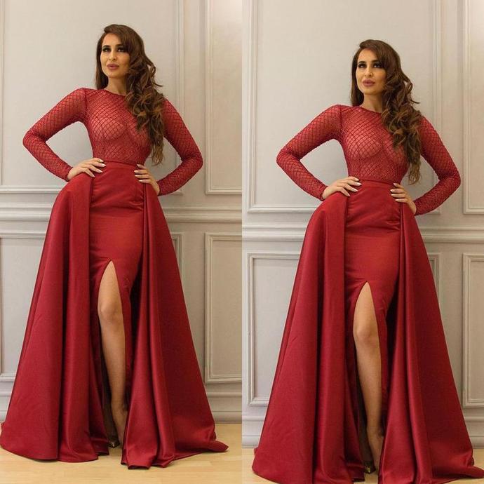 red prom dresses 2020 long sleeve side slit detachable skirt satin evening dresses arabic formal dresses   cg13697