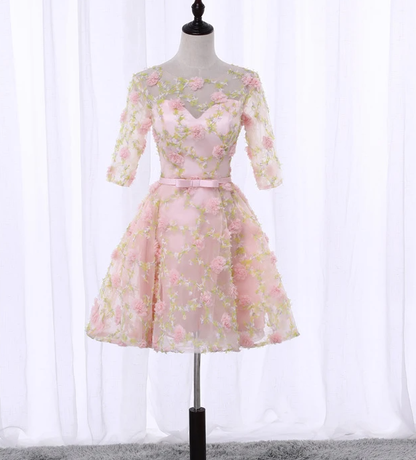 Cute Flowers Short Tulle Pink Party Dress, 3D Flowers Short Homecoming Dress   cg13702