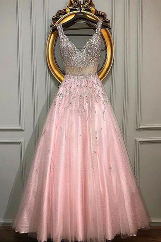 Unique Pink V Neck Custom Size A Line Sweet Prom Dress With Beading   cg13716