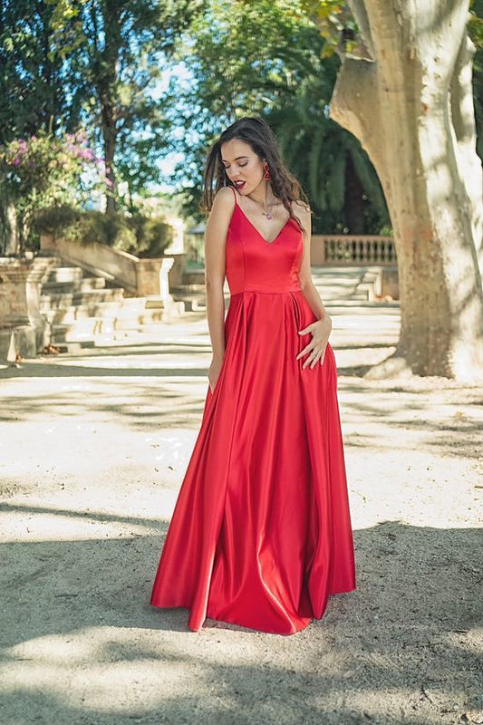 Simple A-Line V-Neck Red Long Prom Dress    cg13733