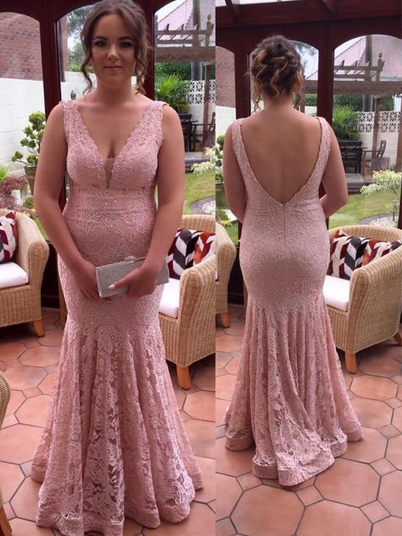 Trumpet/Mermaid V-neck Sleeveless Beading Floor-Length Lace Plus Size prom Dresses   cg13735