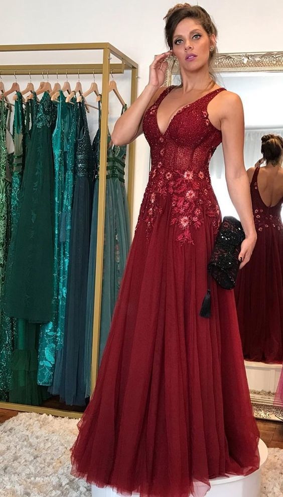 A-line V Neck Long Prom Dress With Appliques   cg13739