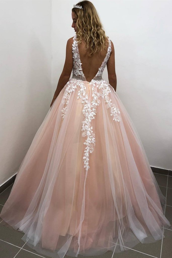 A Line V Neck Open Back Pink Lace Appliques Long Prom Dress   cg13753