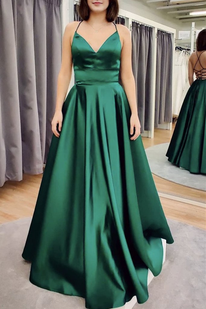 A Line V Neck Floor Length Backless Emerald Green Satin Long Prom Dres ...