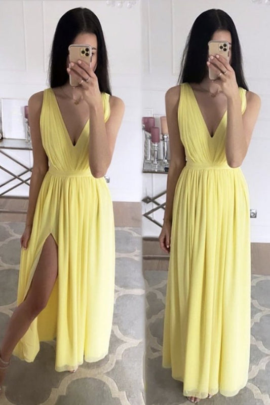 Simple A Line V Neck Yellow Chiffon Long Prom Dress with Slit   cg13755