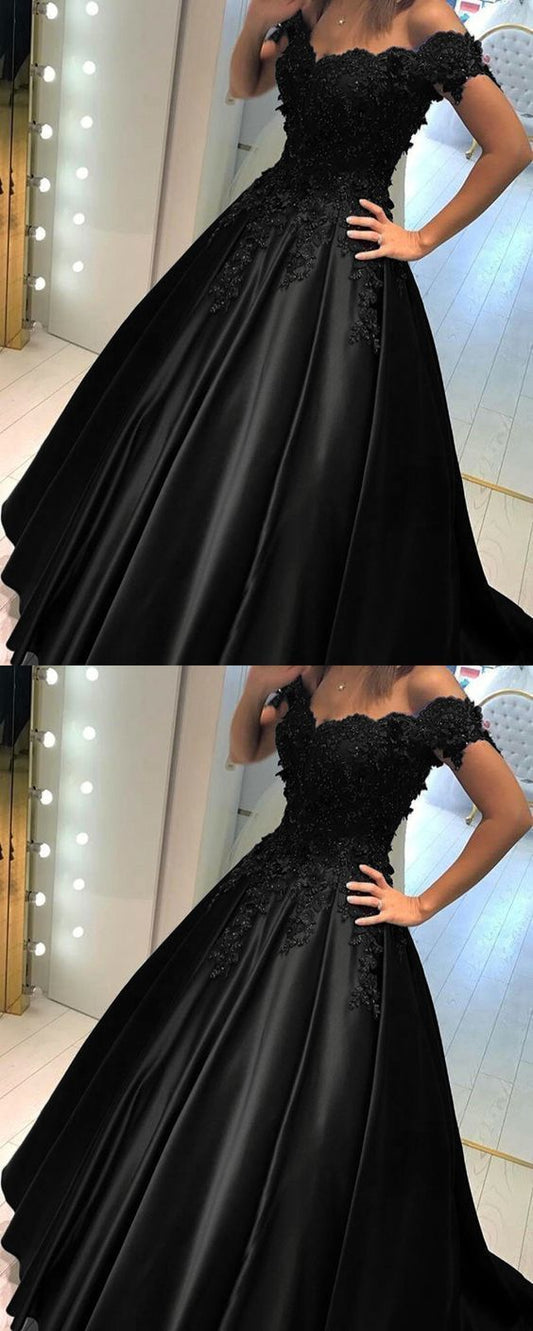 Boho Prom Dress, black ball gown prom dress off the shoulder   cg13761