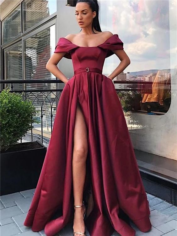 A-line Off-shoulder High Split Long Satin Prom Dresses With Pocket   cg13769