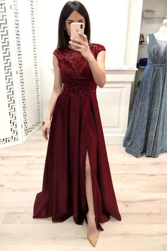 A Line Burgundy Cap Sleeve Prom Dresses Long Beading Slit Evening Party Dresses   cg13770