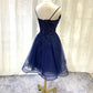 Navy Blue V-Neckline Tulle Short Homecoming Dress, Lace Applique Short Party Dress   cg13782