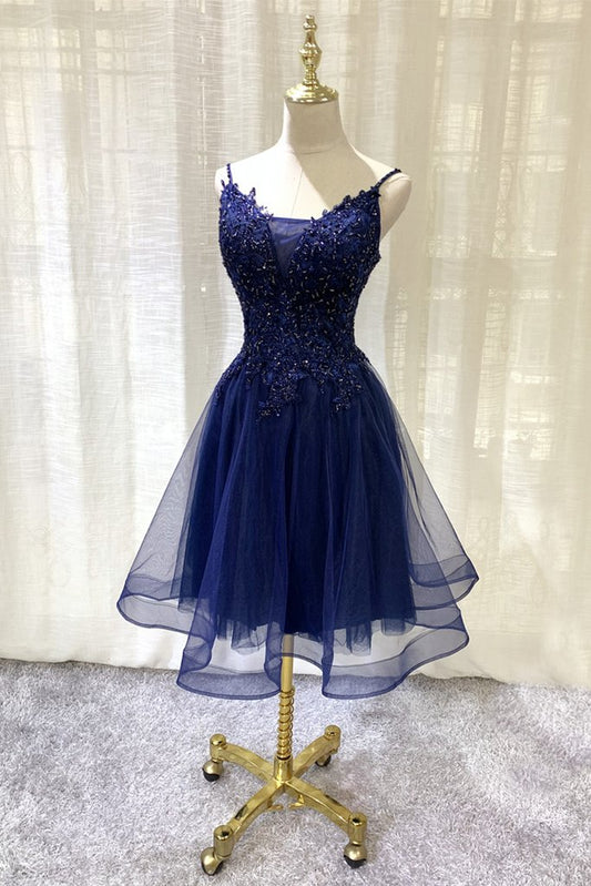 Navy Blue V-Neckline Tulle Short Homecoming Dress, Lace Applique Short Party Dress   cg13782