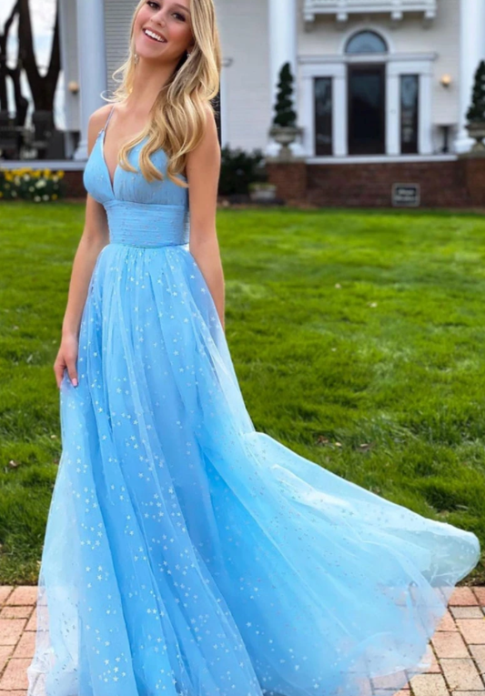 Blue v neck tulle beads long prom dress blue tulle evening dress   cg13787