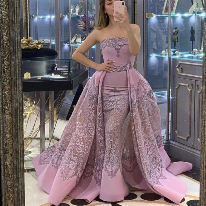 pink prom dresses 2020 strapless neckline lace detachable skirt train satin floor length evening dresses long   cg13802