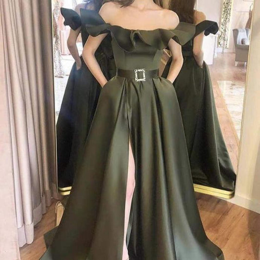 satin prom dresses off the shoulder side slit green evening dresses long formal dresses  cg13810