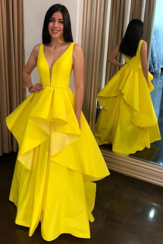 SIMPLE YELLOW V NECK SATIN LONG PROM DRESS YELLOW FORMAL DRESS   cg13813