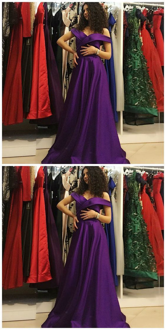 A-Line Off The Shoulder Purple Satin Prom Dress   cg13825