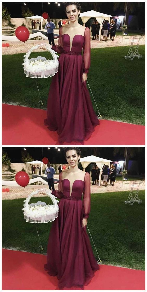 A-Line Round Neck Illusion Jewel Burgundy Beaded Prom Dress   cg13826