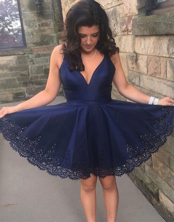 A-line V Neck Navy Blue Homecoming Dress, Short Homecoming Dress   cg13833