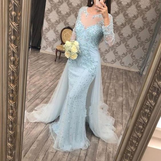 2020 Luxurious Beading Crystals Mermaid Evening Dresses Long Sleeves Detachable Train Formal prom Party Gowns  cg13872