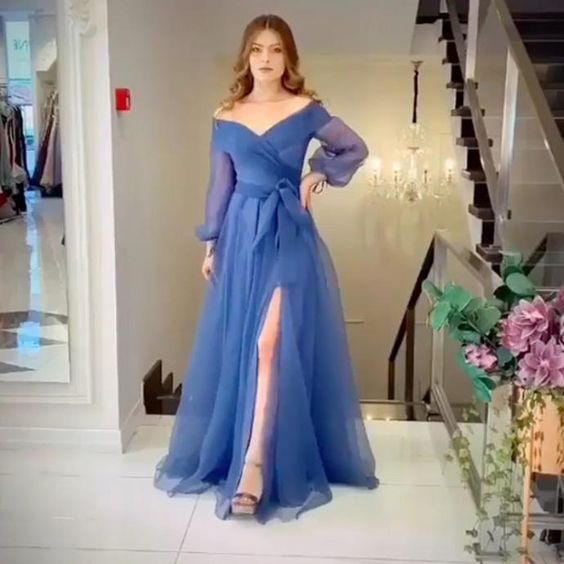 royal blue prom dresses 2021 deep v neck bow long sleeve side slit floor length tulle long evening dresses    cg13879