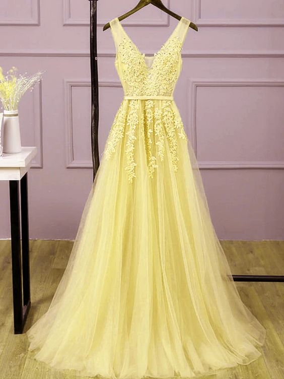 Beautiful Light Yellow Tulle Long Party Dress, A-line Prom Dress Evening Gowns    cg13880