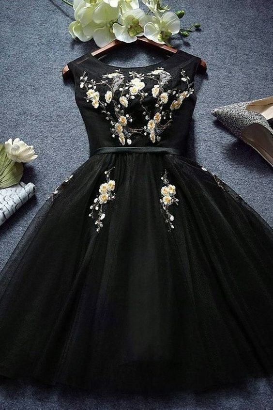 Black Scoop A Line Tulle With Applique Homecoming Dress   cg13890