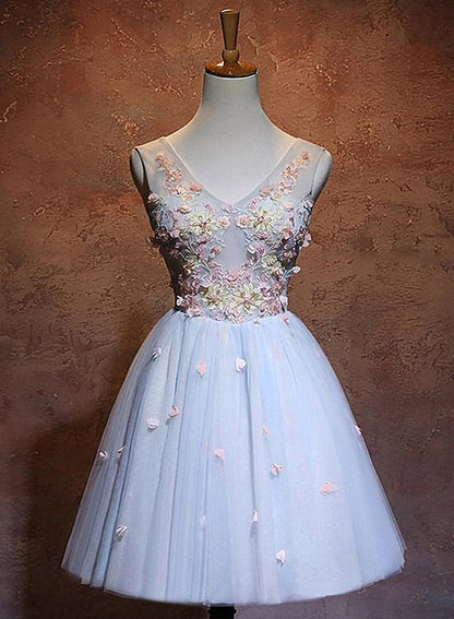 Blue Flowers A-Line Short Tulle Wedding Party Dress, Blue Homecoming Dress   cg13898