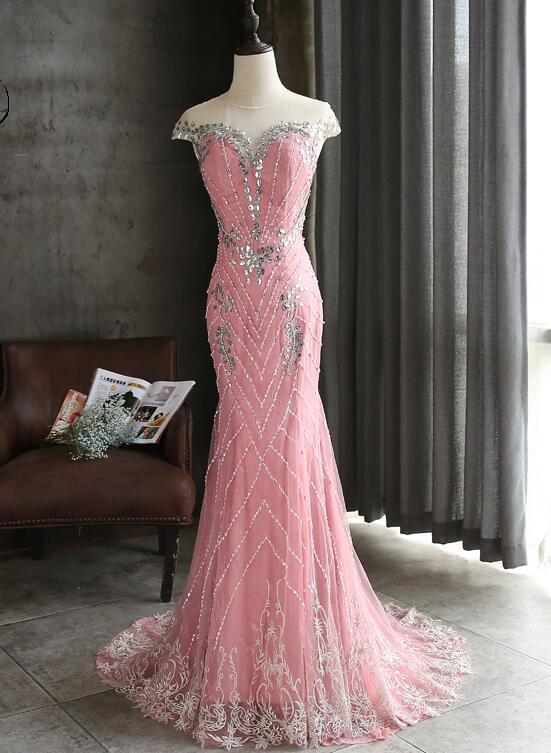 Pink Lace Mermaid Sequins With Lace Applique Party Dress, Pink Long Prom Dress Party Dress   cg13900