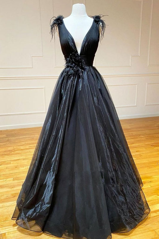 BLACK V NECK TULLE LACE LONG PROM DRESS BLACK TULLE FORMAL DRESS   cg13903