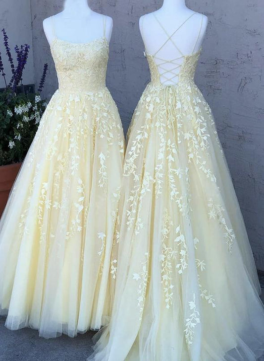Yellow tulle lace long prom dress yellow evening dress   cg13923