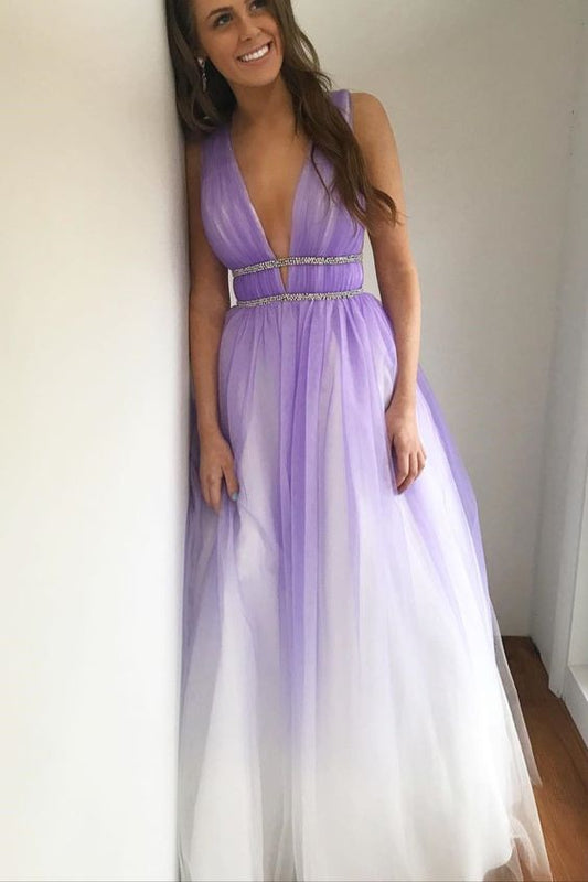 A-line V Neck Ombre Purple Long Prom Dress   cg13949