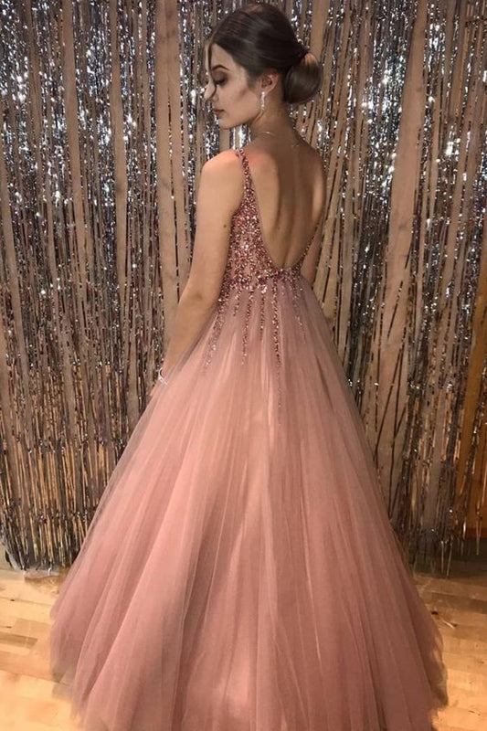 Blush Pink Princess V Neck Long Prom Dress   cg13951