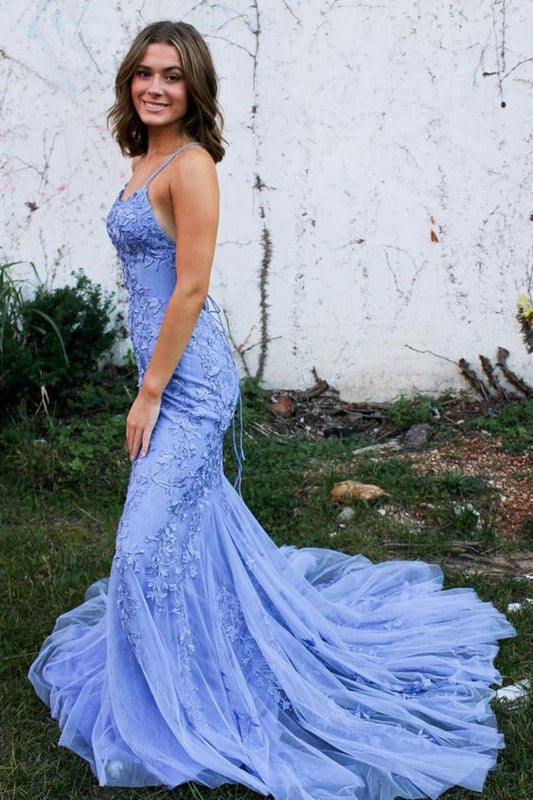 Blue Lace Mermaid Long Prom Dress   cg13952