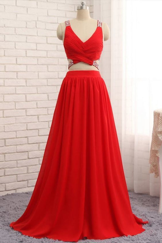 Two Piece V-Neck Red Chiffon Long Prom Dress   cg13955