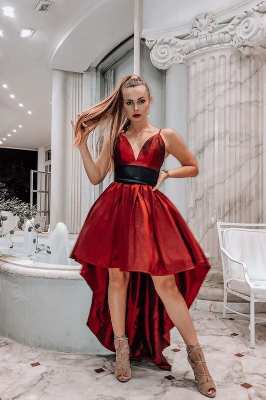 Backless High Low Red Satin Prom Dress    cg13956