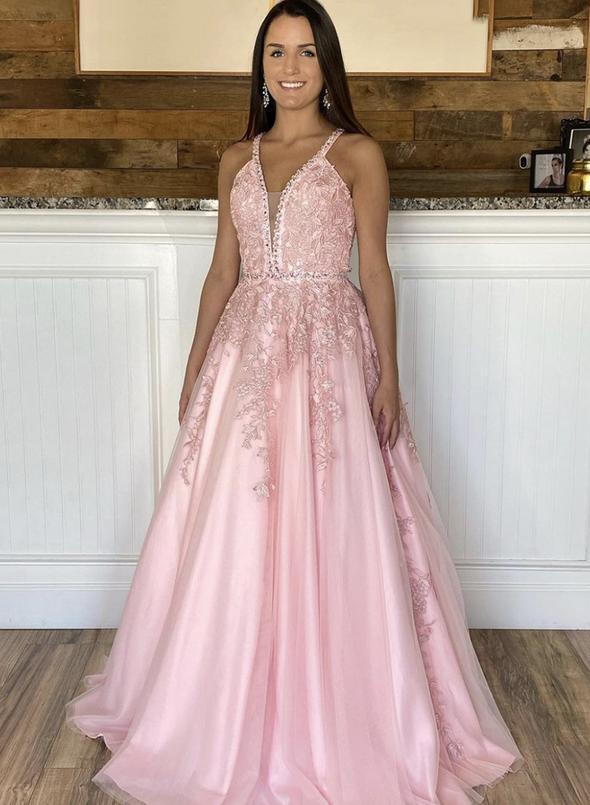 Pink tulle lace long prom dress evening dress   cg13960