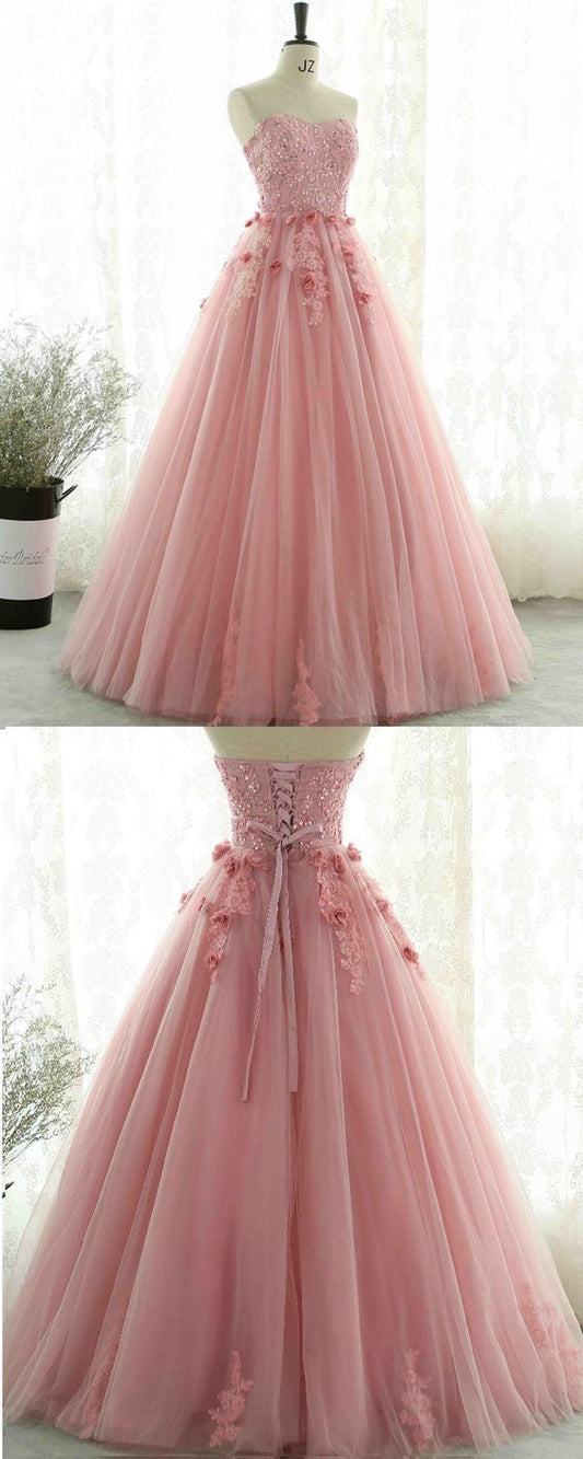 Beaded Pink Tulle Long Sweet Prom Dress     cg13970