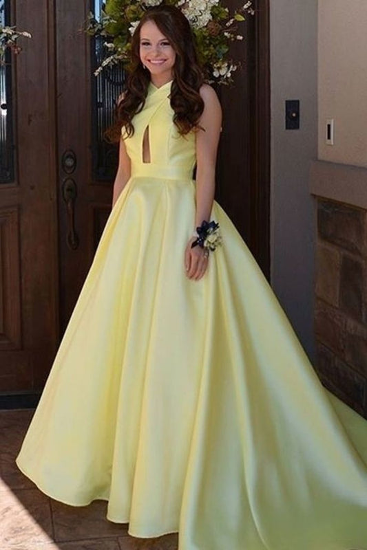 Gorgeous A-line Yellow Long Ball Gown with Key Hole Prom Evening Dresses   cg13974