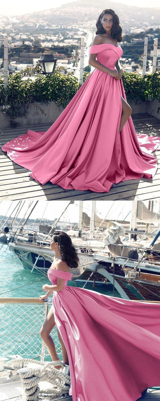 V-neck Off The Shoulder Long Satin Prom Dress Split Evening Gowns   cg13975