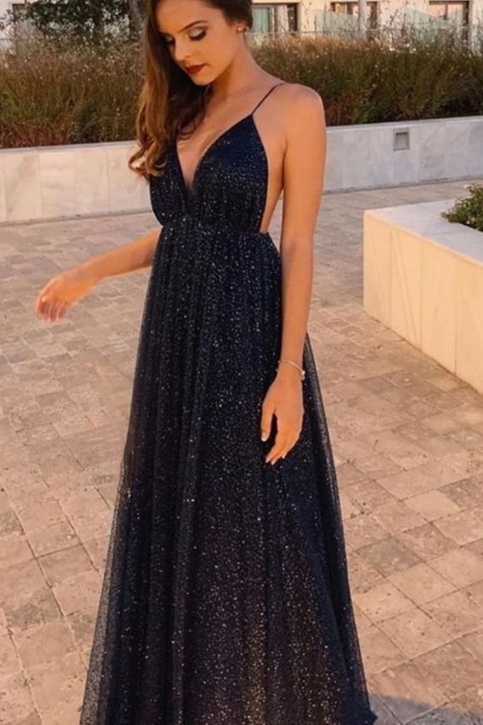 Shiny V Neck Backless Black Long Prom Dress   cg13978