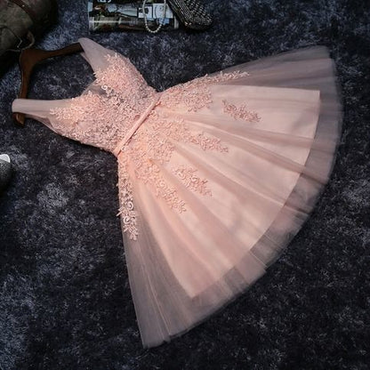 Princess Lace Appliqued Tulle Homecoming Dress,Blush Pink Short Bridesmaid Dresses,Short homecoming Dress cg14