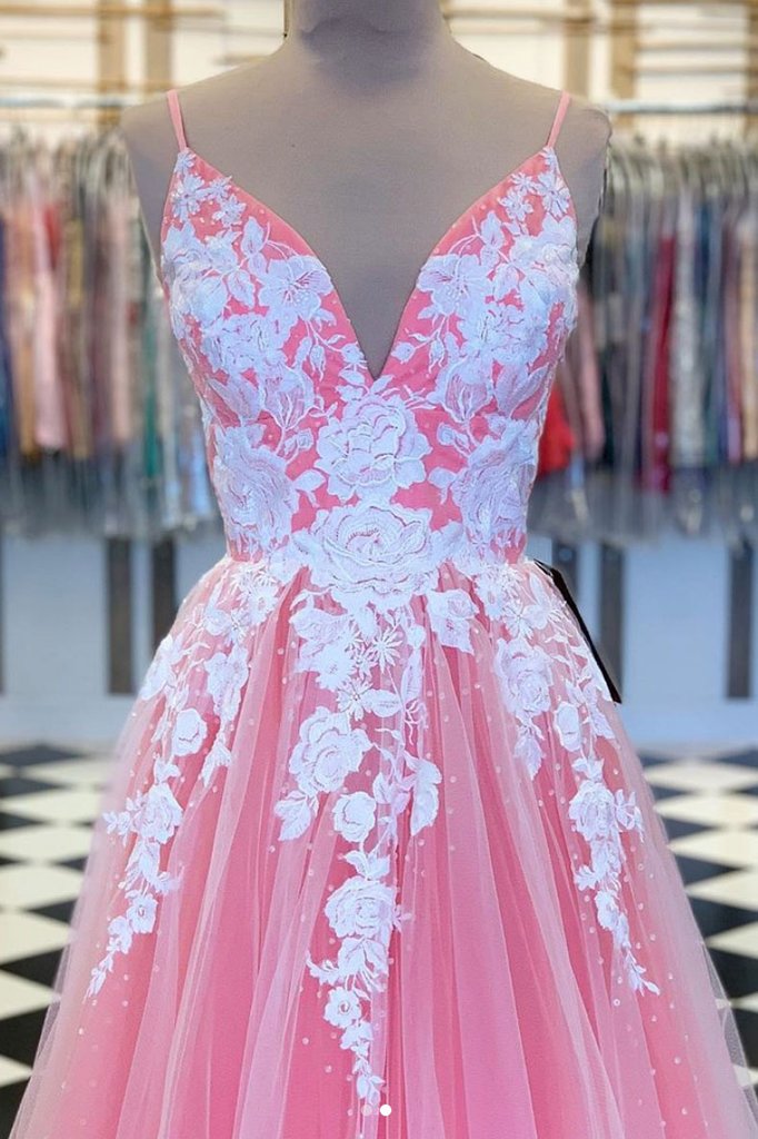 PINK V NECK TULLE LACE LONG PROM DRESS PINK TULLE LACE EVENING DRESS   cg14017