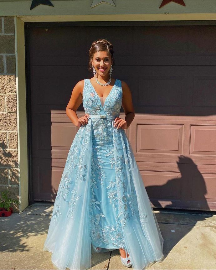 Light Blue Prom Dress,A-Line Prom Gown,V-Neck Evening Dress,Appliques
