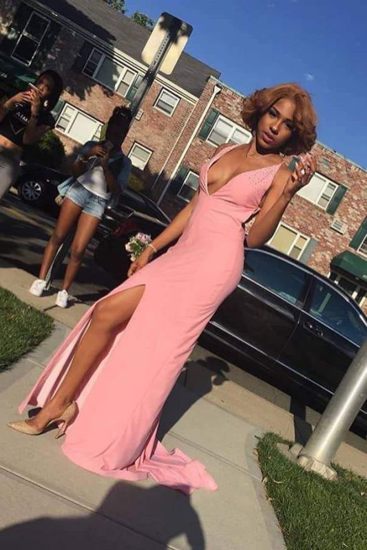 Unique Pink Spaghetti Strap Sleeveless Side Slit Evening prom Gown   cg14041