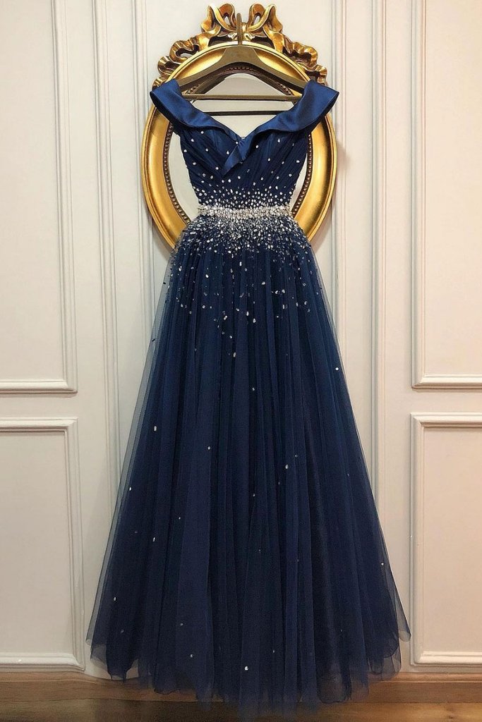 DARK BLUE SATIN SEQUIN LONG PROM DRESS DARK BLUE EVENING DRESS   cg14053