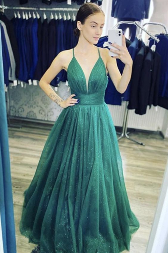 Shiny V Neck Dark Green Long Prom Dresses, Dark Green Formal Graduation Evening Dresses   cg14065