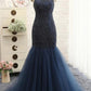 Navy Prom Dress,Mermaid Prom Gown,O-Neck Evening Dress,Beading Prom Gown   cg14084