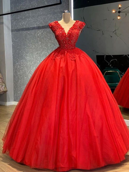 Red Prom Dresses Lace Appliques long gown    cg14096